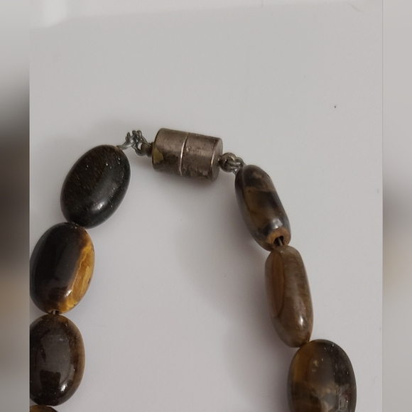 Vintage 80's Murano Glass Stripe & Tigers Eye Gemstones Czech Amber Necklace Vtg - Picture 3 of 16